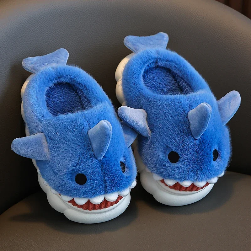 2024 New Winter Children\'s Fluffy Slippers Cute Shark Non-slip Flip Flops For Girls Boys Mule Warm Plush Home Kids Cotton Shoes