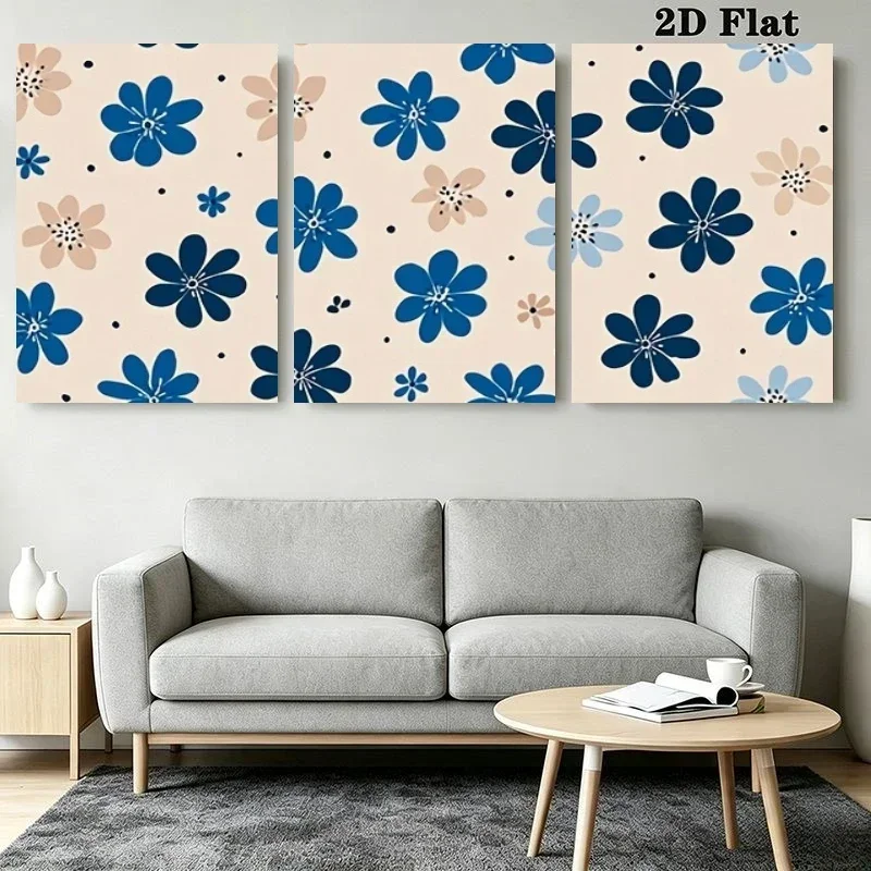 2D Flat, 3pcs 2D Flat Minimalist Floral Wall Art Prints - Blue & Pink Flowers on Beige Suitable for Living Room,, Frameless P
