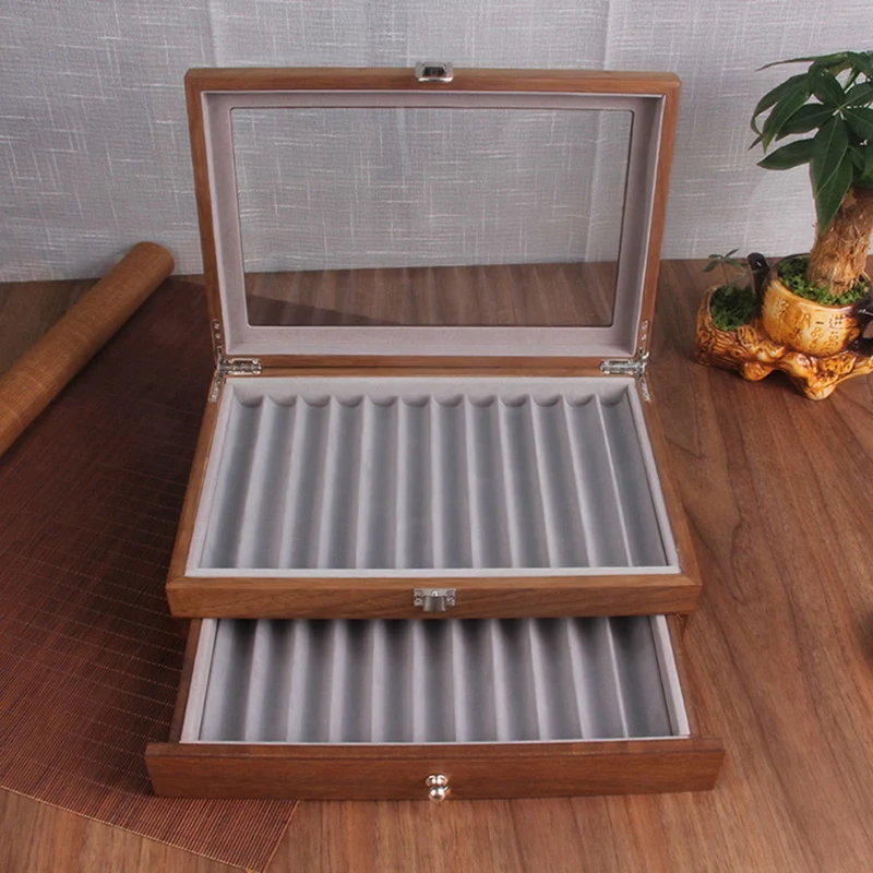 HOT-Walnut Pen Storage Case Luxury 2 Layer Pen Display Organizer Transparent Window Fountain Box Pen-Collection