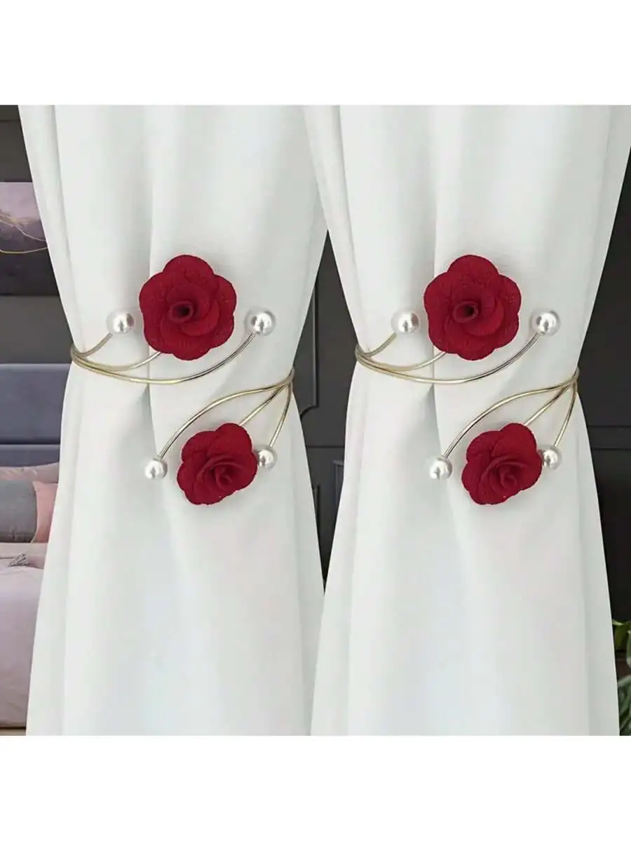 2pcs/1pc Pearl Flower Alloy High-End Curtain Buckle, No-Drill Curtain Tie Backs, Rose Flower Curtain Tie Bands, Metal &
