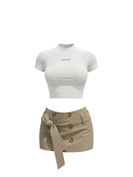 Summer Commute Hot Girl Slim Fit White Short T-Shirt Khaki High Waist A-Line  Skirt Two-Piece Set Business Casual Women's...