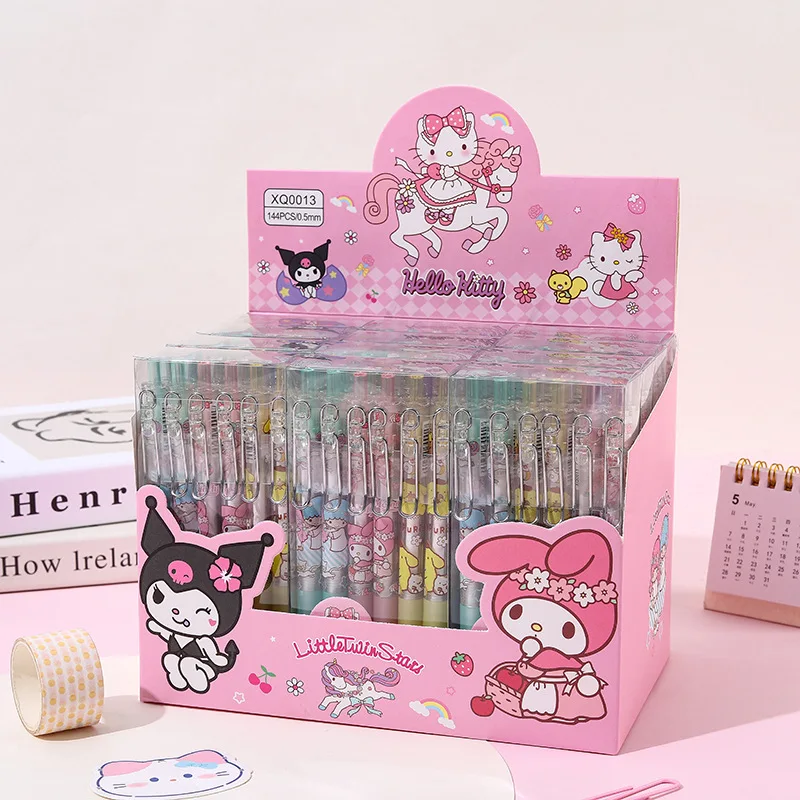 Sanrio Cartoon Pens Hello Kitty Kuromi Melody 12pcs Cartoon Gel Pen Kawaii Stationery 0.5 Black With Metal Hook Office Write