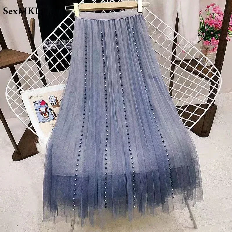 

Women Beading Pleated Tulle Skirts 2024 New Korean Fashion Clothing Casual Faldas High Waist Mid Length Black Pink Kawaii Skirt