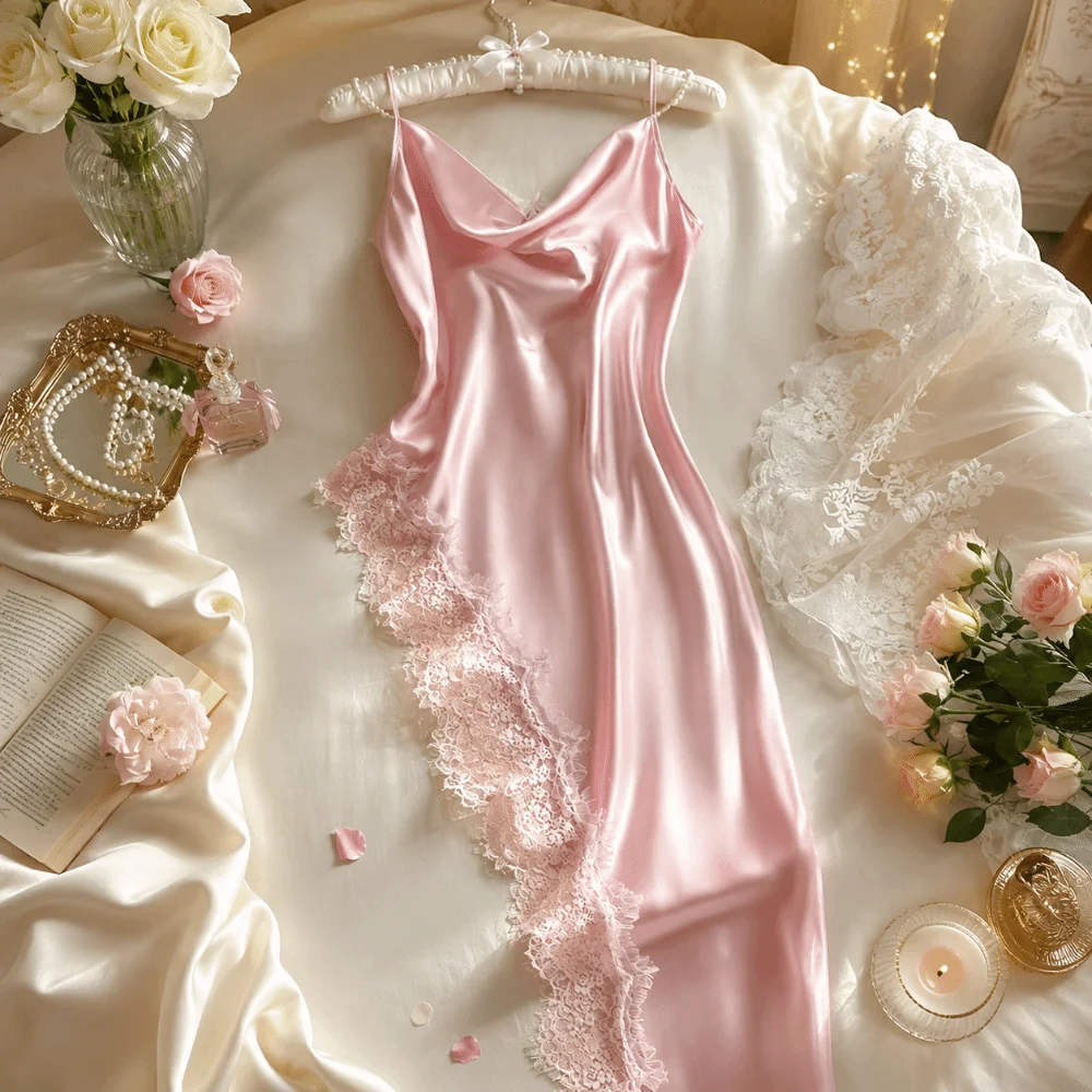 Nightwear Split Women Nightgown V Neck Spaghetti Strap Satin Silk Nightdress Irregular Beauty-back Female Sleepwear Girl