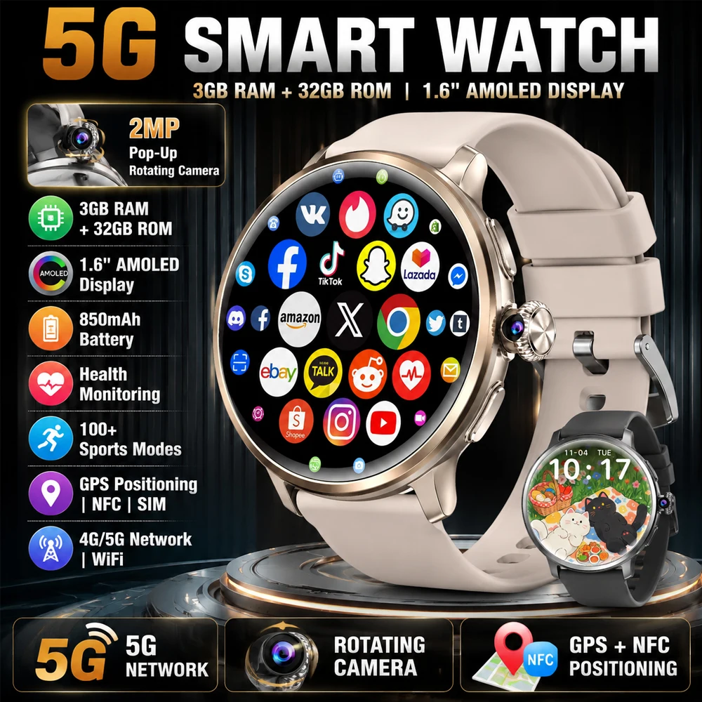 4/5G LTE Smart Watch with Rotating Camera, AMOLED Display, 3GB RAM 32GB ROM, SIM Card, GPS, NFC, Google Play Android Watch 2026