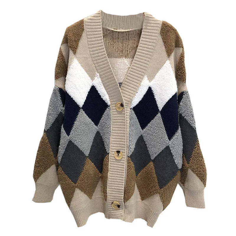 Argyle Cardigans Oversized Knitted Cardigan Women 2024 Korean Fashion Elegant Casual Plaid V-Neck Sweater Women's Knit Jacket