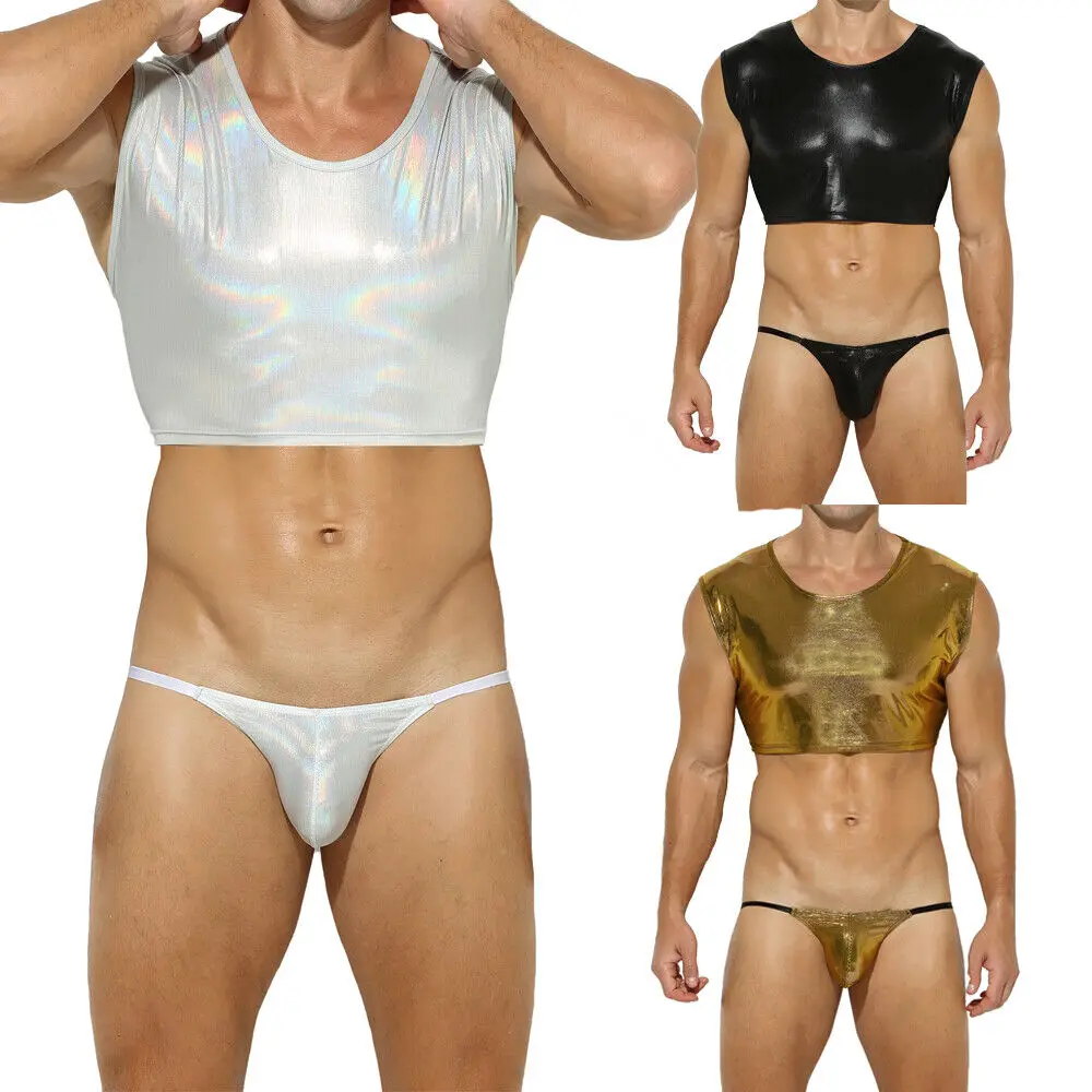 Sexy Mens Undershirts Shiny Metallic Crop Tops Mini Vests + Low Rise Bikini Briefs Sexy Underwear Male Clubwear Men Clothes Set