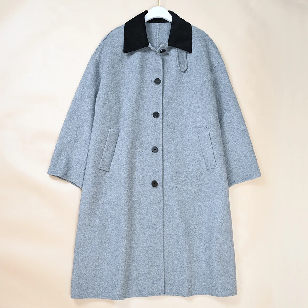 

Женское вельветовое двустороннее шерстяное пальто в стиле ретро с длинными лацканами, зимнее новое пальто средней длины, однотонное пальто для поездок на работу