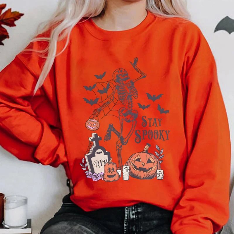 Stay Spooky Sweatshirts Women\'s Crew Neck Long Sleeve Casual Oversized Skeleton Pumpkin Bat Printed Sweatshirts For Halloween