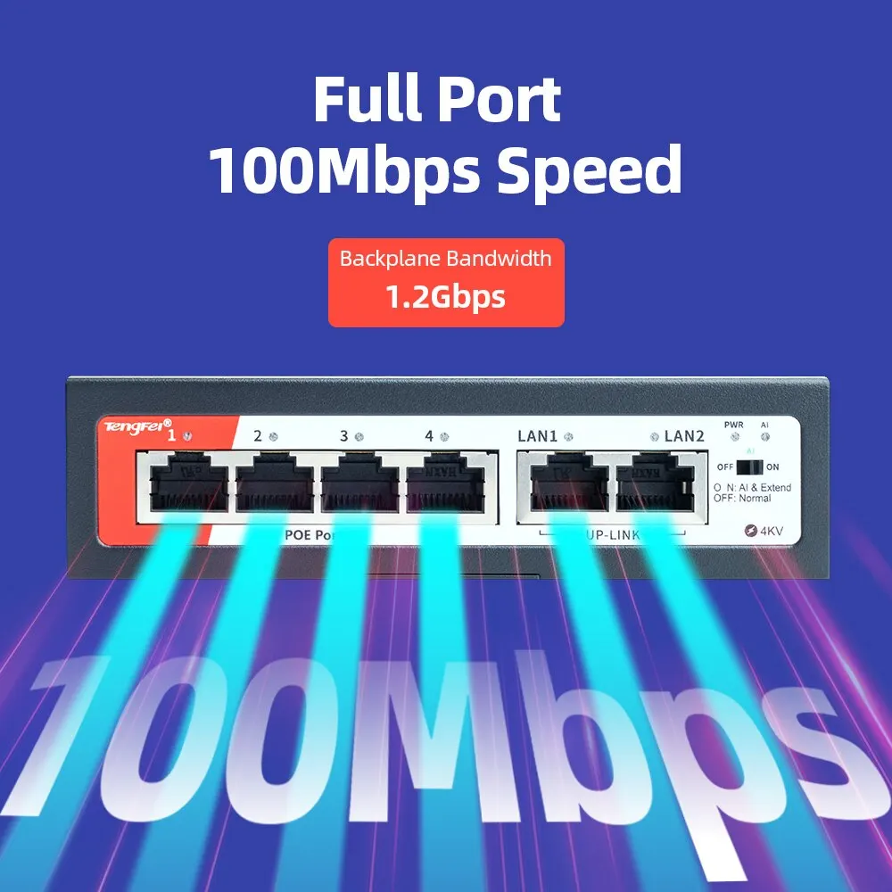 TengFei-POE Switch com Alimentação Interna, 6 Portas, 100Mbps, 4 PoE + 2 UpLink, Office Home Network, Hub para Câmera IP com Telefone