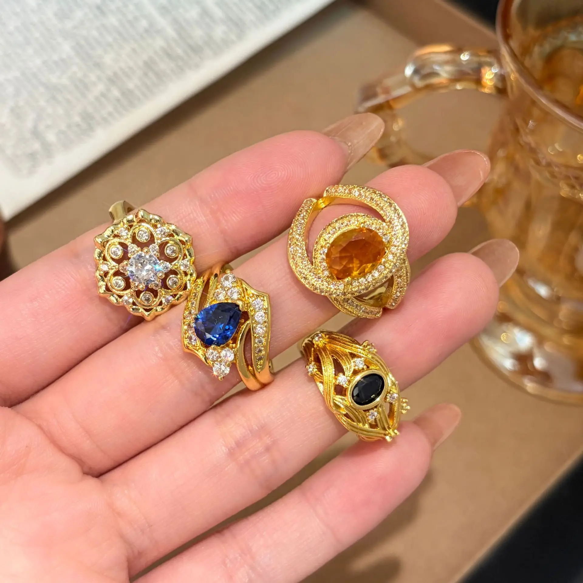 Classical Collection choice Fashion Jewelry rings for women vintage Diamonds inlay High Grade Water Drop Blue Gem Ring Jewelry