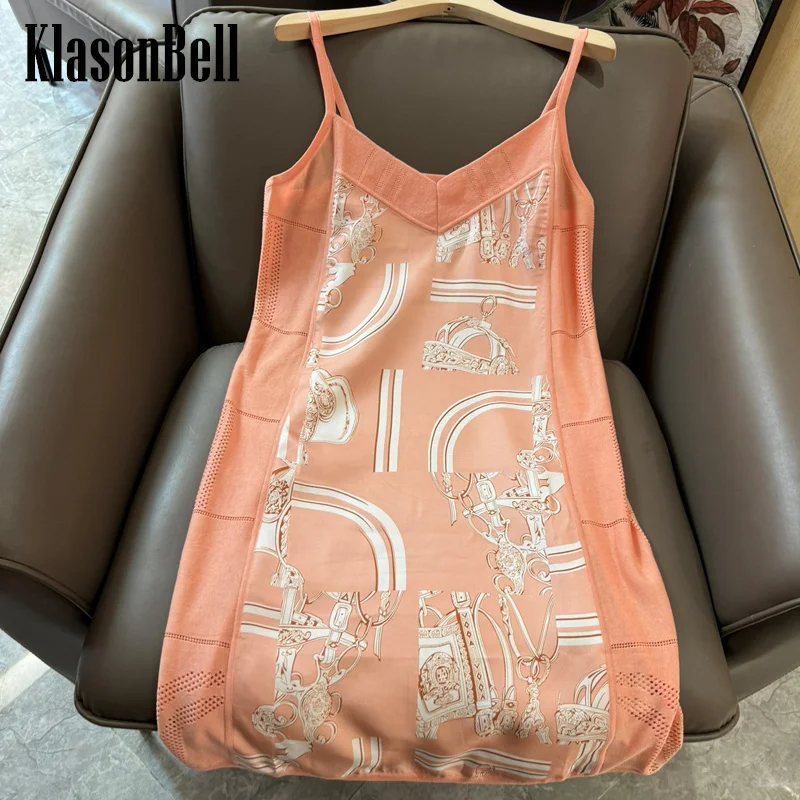 

6.29 KlasonBell Geometric Print Silk Spliced Spaghetti Strap Dress For Women Sexy V-Neck Knit Hollow Out Breathable Mini Dress