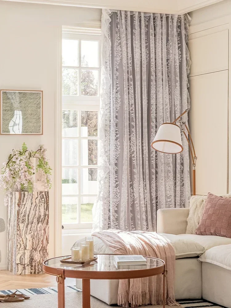 French Rococo Wisteria Lace Splicing Velvet Curtains For Bedroom Living Room Floor-to-ceiling Windows Balcony Lace Window Screen
