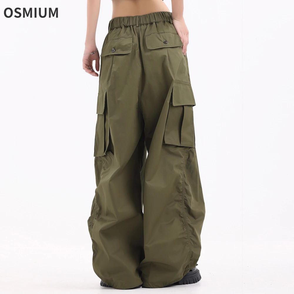 Men Multi-Pocket Workwear Wide-leg Trousers Boys Green Hip-hop Solid Color Side Pleated Loose Casual Cargo Pants Plus Size S-XXL