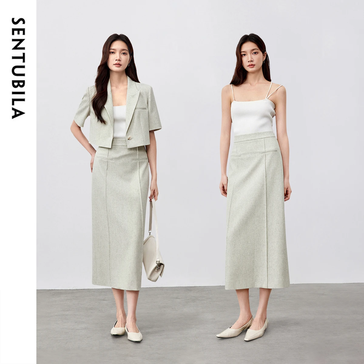 SENTUBILA Long Skirt for Women Linen Blend Office Lady Simple A-line Slit-hem Elegant Midi Skirts 2025 Spring New 151Q58776