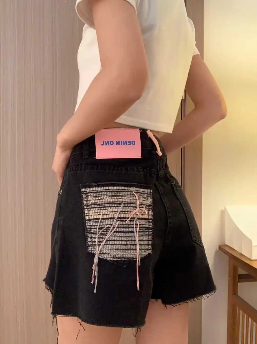 High Waist Pocket Embroidered Fringed Hole Denim Shorts Women plus Size Loose Weaving Design Sensation Pants Cotton Elastic D...