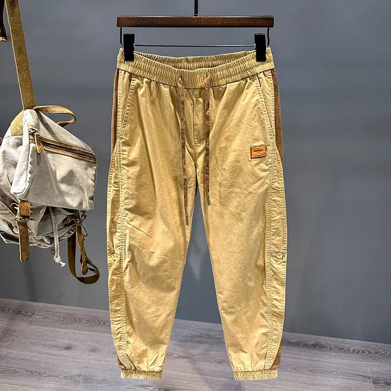 American Work Pants Men Spring and Autumn Handsome Tying Feet Casual Loose Splicing Contrasting Color Sports Trousers