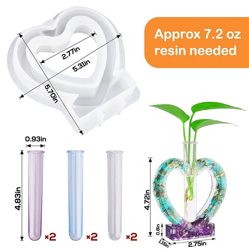 Resin Molds Silicone For Vase Plant Propagation Station, Heart Shaped Epoxy Resin Molds With 6 Test Tubes For Hydroponic