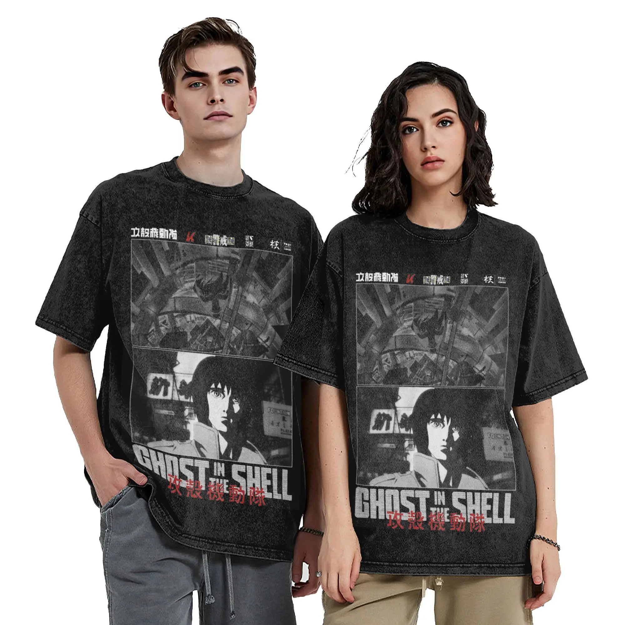 Ghost in the Shell Anime Vintage Washed T Shirts 100% Cotton Casual T-Shirt Round Neck Major Motoko Kusanagi Tops Plus Size