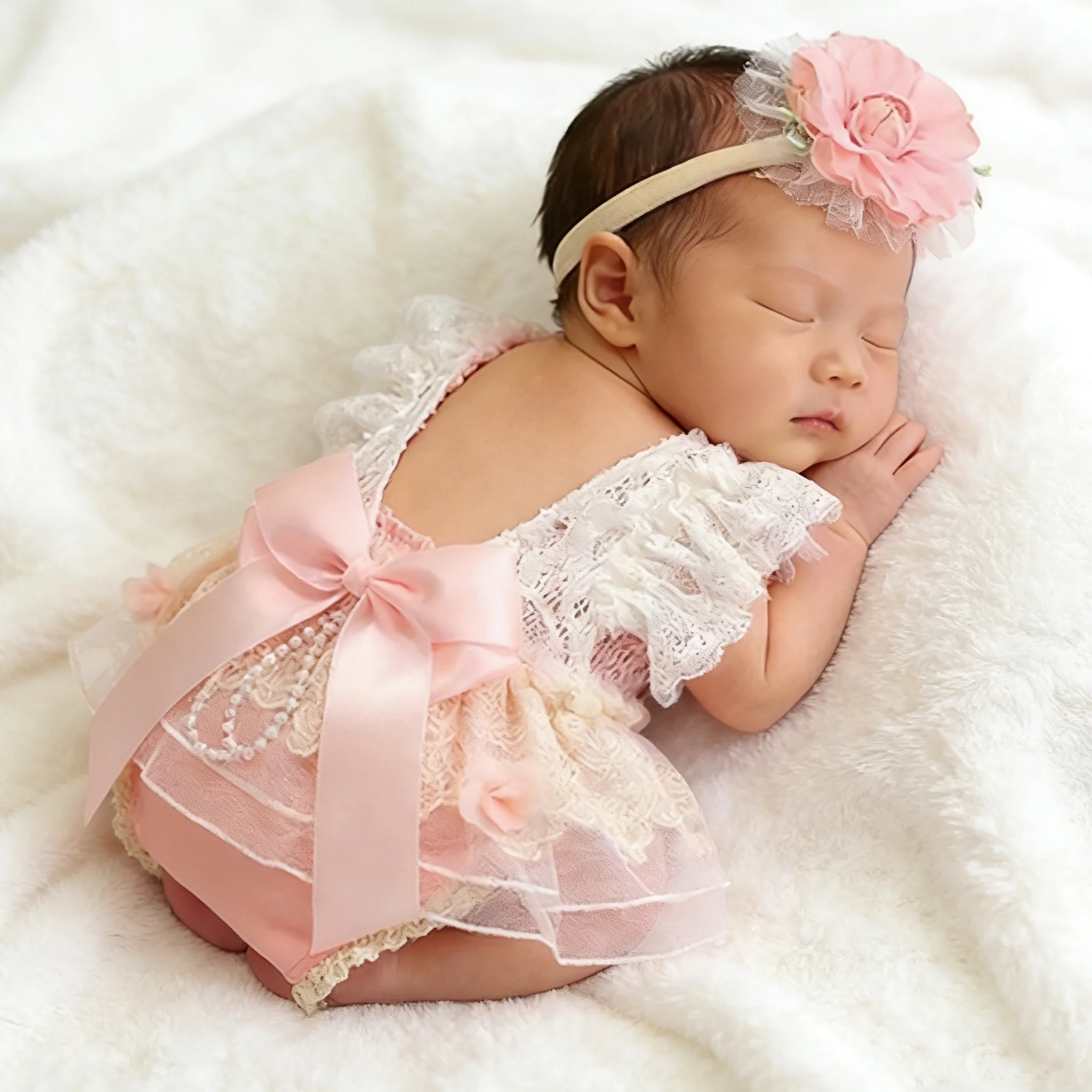 

Комплект из 2 предметов для новорожденных девочек: кружевной комбинезон без спинки и повязка на голову с цветами и атласным бантом для фотосессий