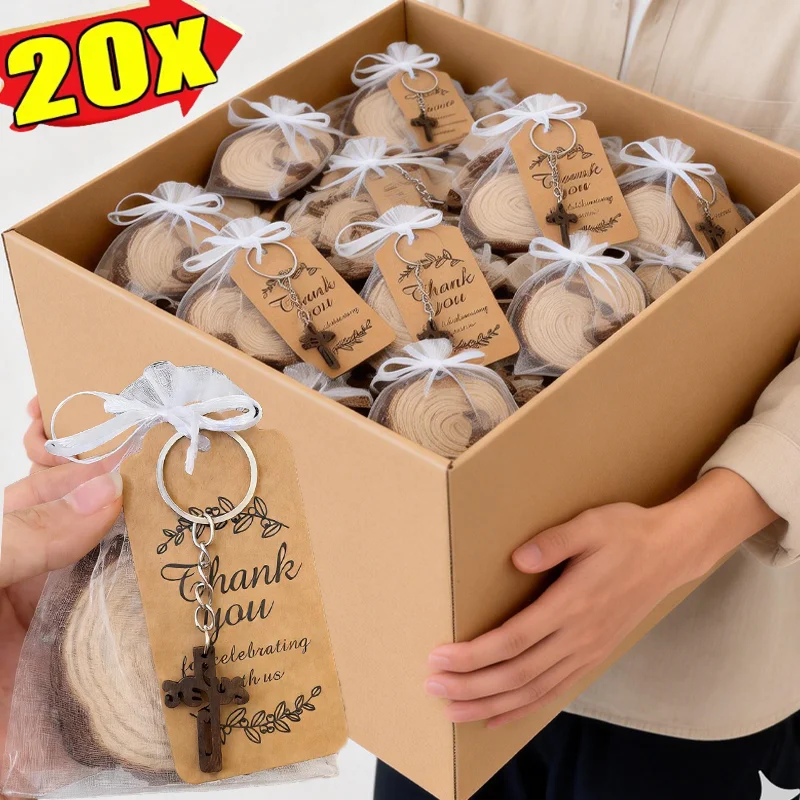 Wooden Kraft Paper Tag with Organza Bag 20PC Floral Cross Keychain Packaging Party Gifts Retro British Style Key Chains Pendant