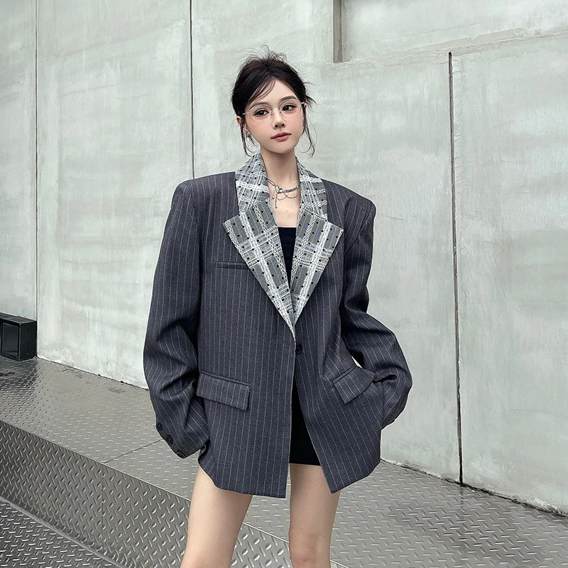 

MEXZT Elegant Striped Blazer Women Lace Polka Dot Suit Business Jacket Korean Commute Coat Autumn Office Ladies Chic Outerwears