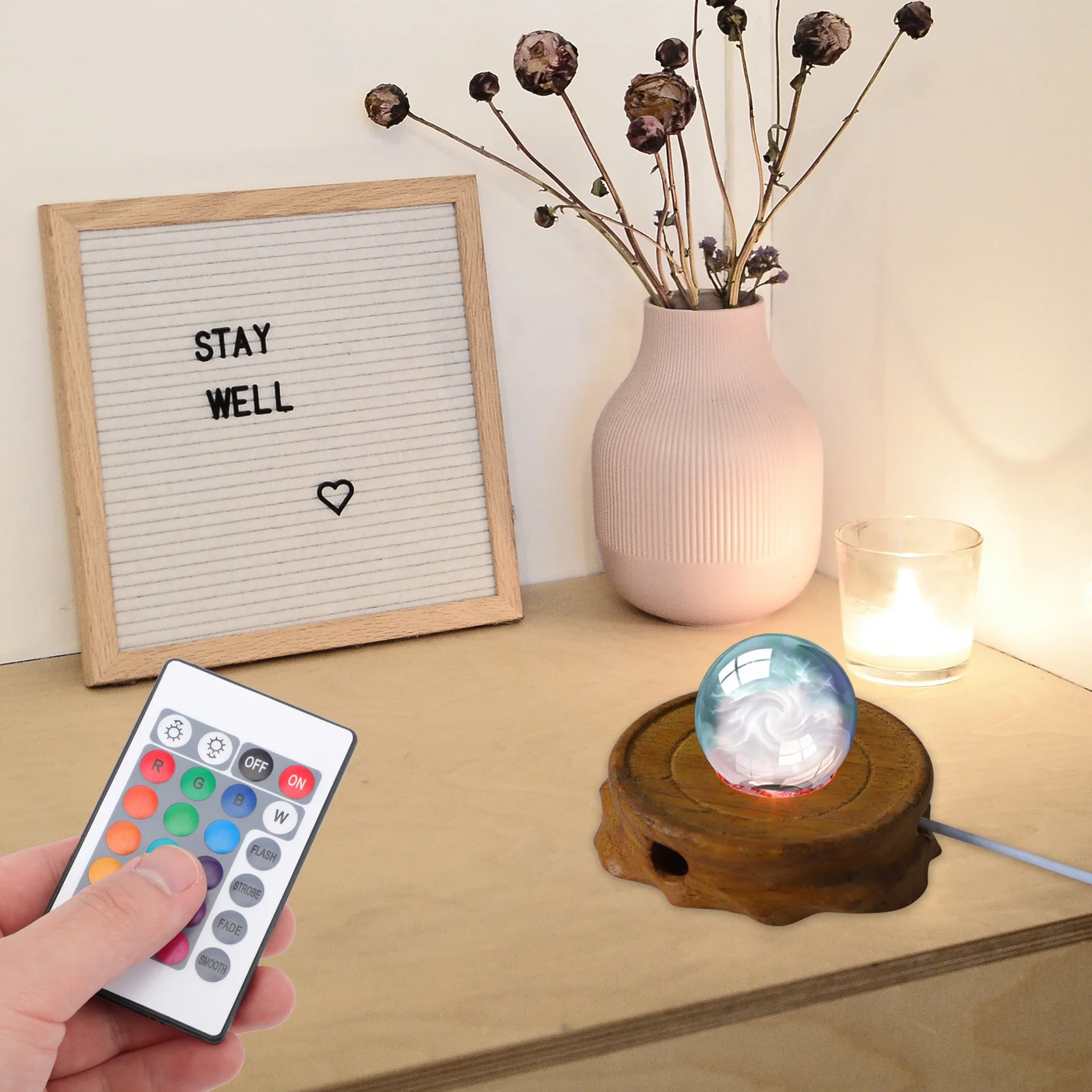 قاعدة عرض بإضاءة ليلية LED، حامل خشبي مضاء، حامل كرة زجاجي كريستالي، ديكور رومانسي لحفلات الزفاف #4