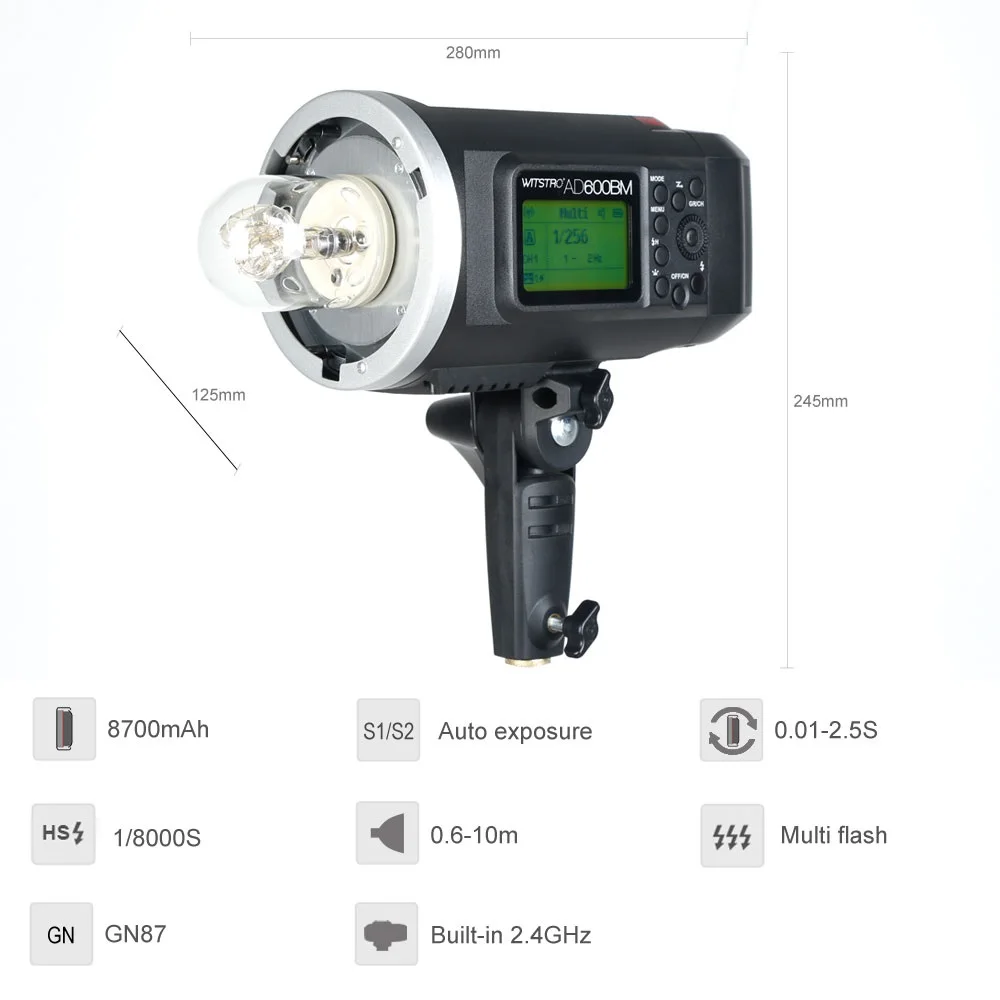 Godox AD600 BM 600Ws GN87 HSS Bowens Mount Outdoor Flash Strobe Light with 2.4G Wireless X System, 8700mAh Battery