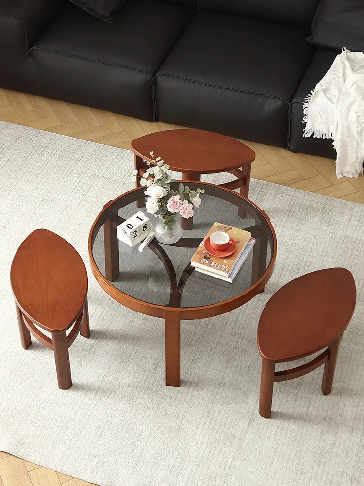 Solid wood coffee table small apartment living room household round glass set