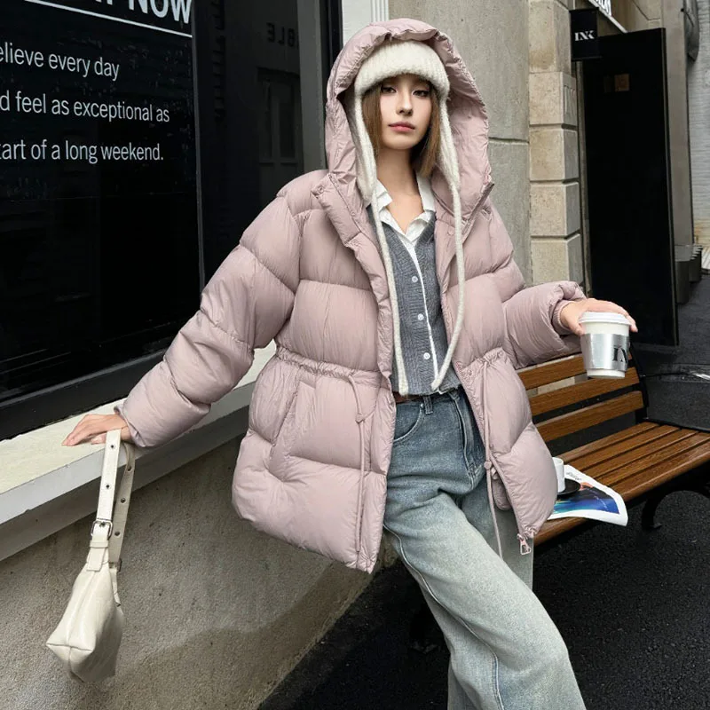 

2025 Winter Women's Down Jacket Loose Hooded Strap White Duck Down Jacket