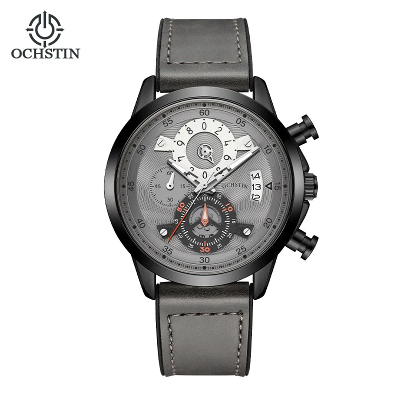 Men's Multifunction Chronograph Quartz Wristwatch Genuine Leather Strap Waterproof Calendar Date Display Business Sport Watch