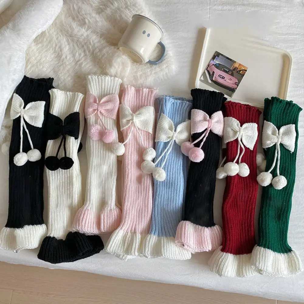 Sweet Bow Leg Warmers Socks Ball Knitted Warm Leg Cover Ruffles Children's Long Socks Y2k Girls