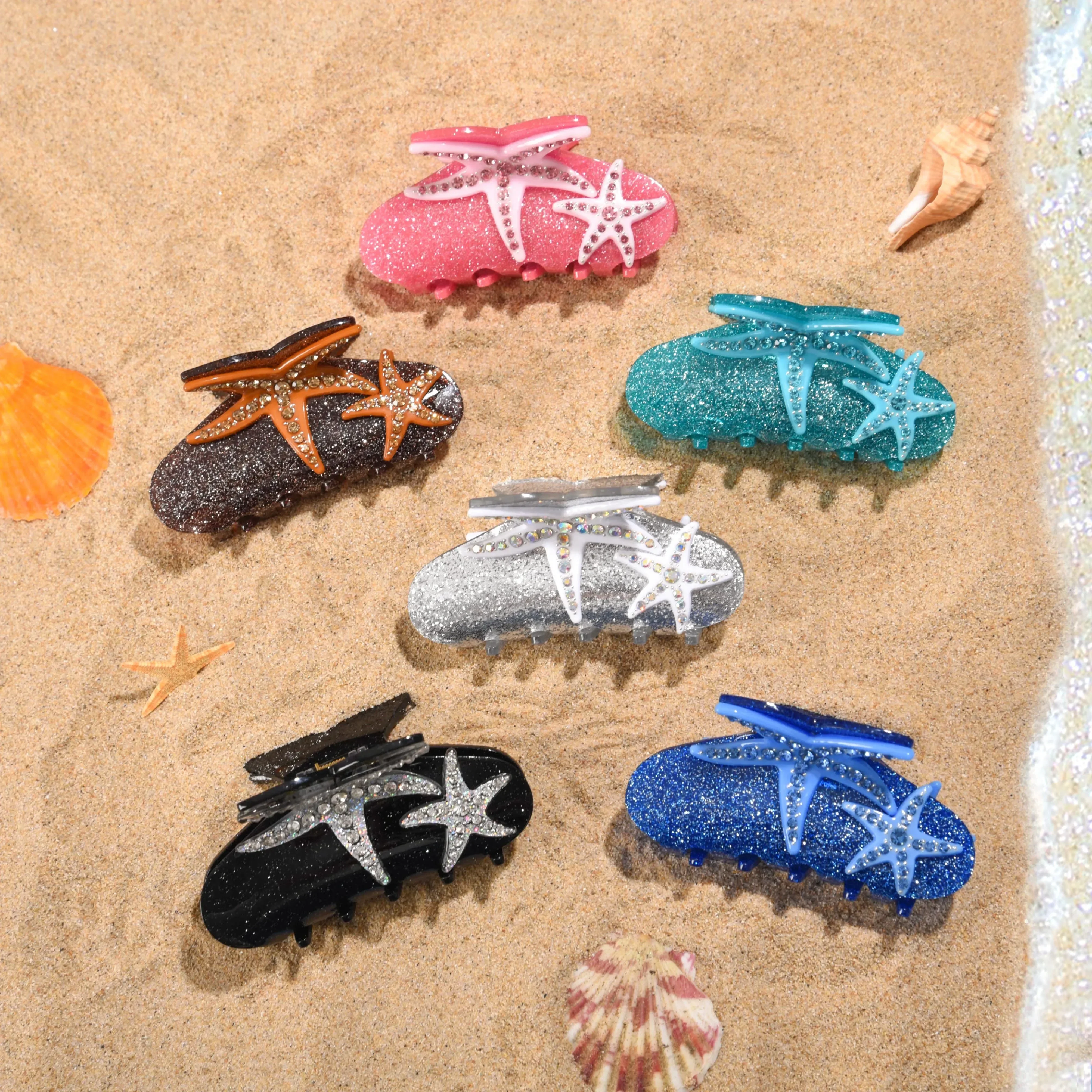 YHJ Summer Rhinestone Starfish Hair Claw Acrylic Claw Clips Ocean Series Popular Crab Hair Clips for Women Hair Accessories