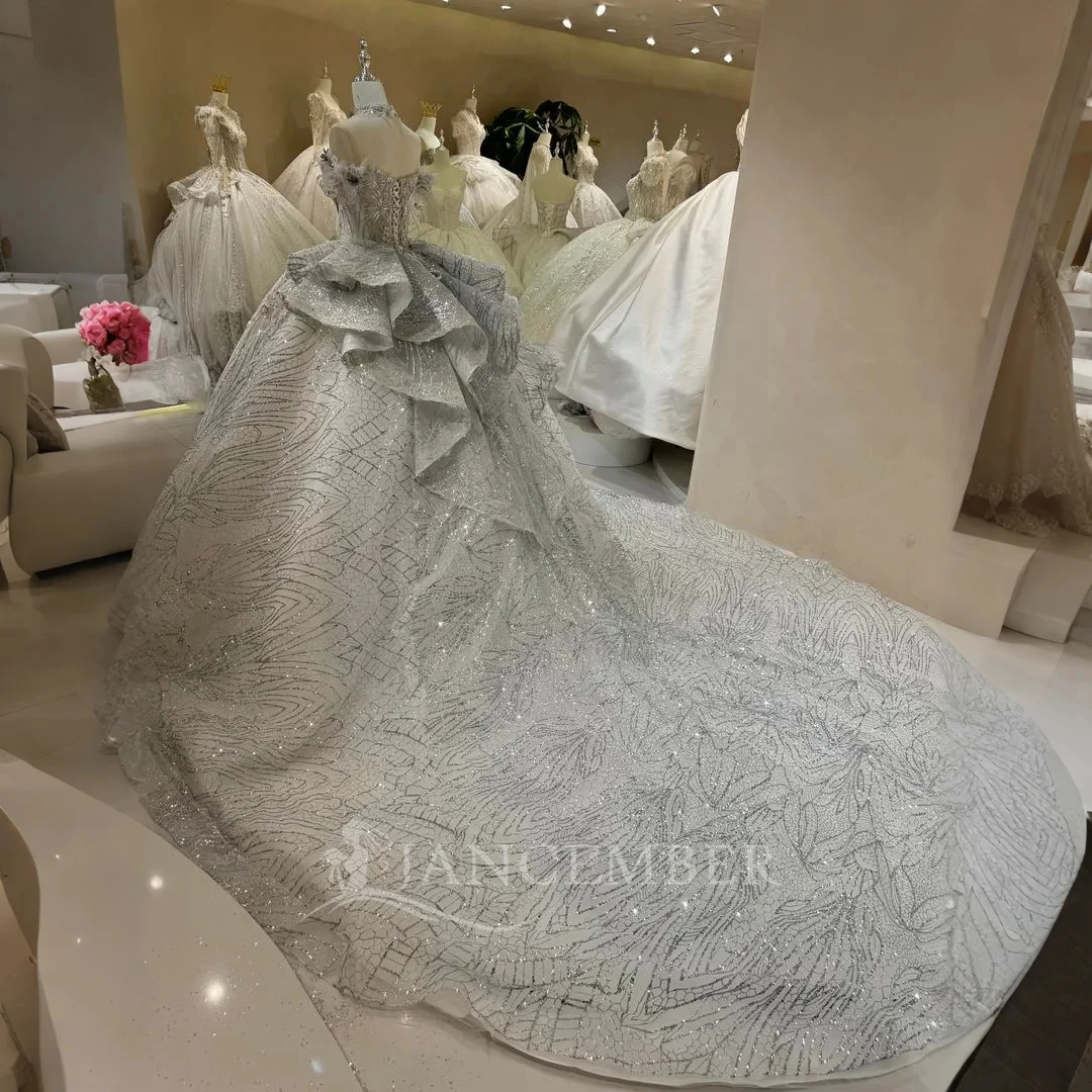 글리터 웨딩 드레스 스팽글 비딩 볼 가운 짧은 소매 스쿱 브라이드 레이스업 백 러플 맞춤형 웨딩 드레스