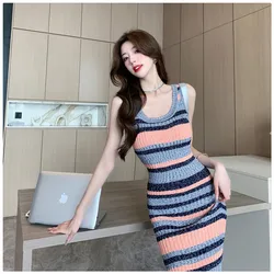 Womens Knitted Long Dresses Fashion Sleeveless Stripes Bodycon Slim Tank Vestidos Waist Hip Wrap Robe Sexy Female Clothes