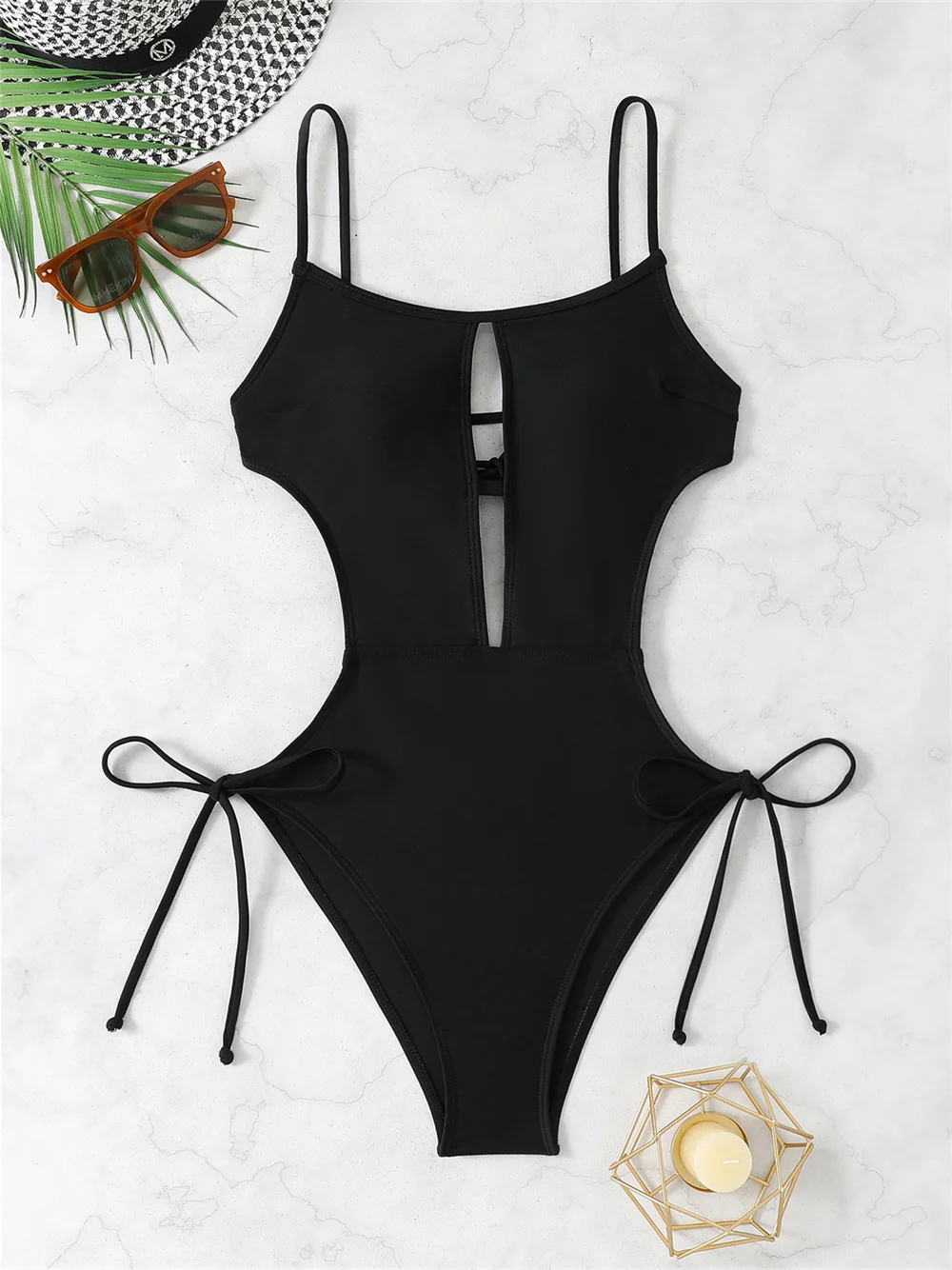 أسود حبال بيكيني الجوف خارج عارية الذراعين المتطرفة سلسلة Monokini ملابس السباحة الدانتيل يصل ملابس النساء الشاطئ الزي ثوب السباحة Biquini