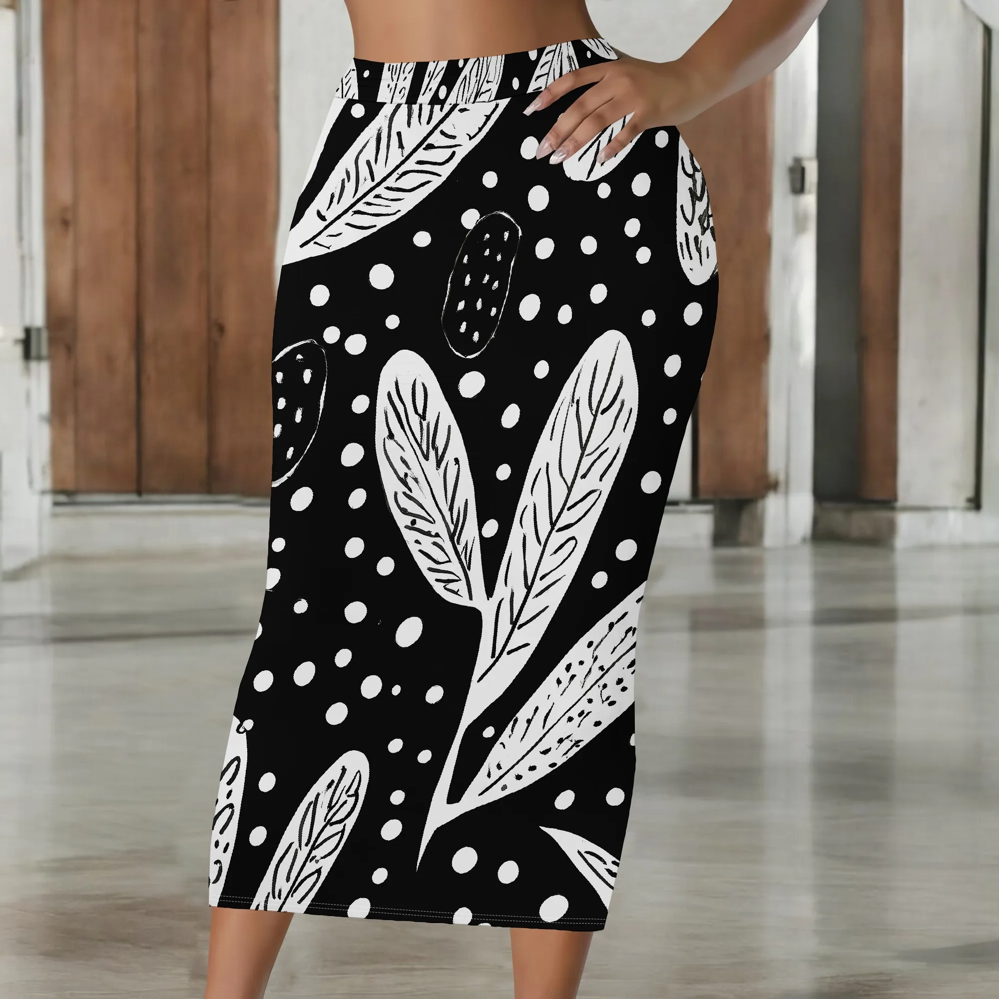 Leaf Print Midi Skirt, Boho Polka Dot Pencil Skirt, Casual Party Wear, S-2XL