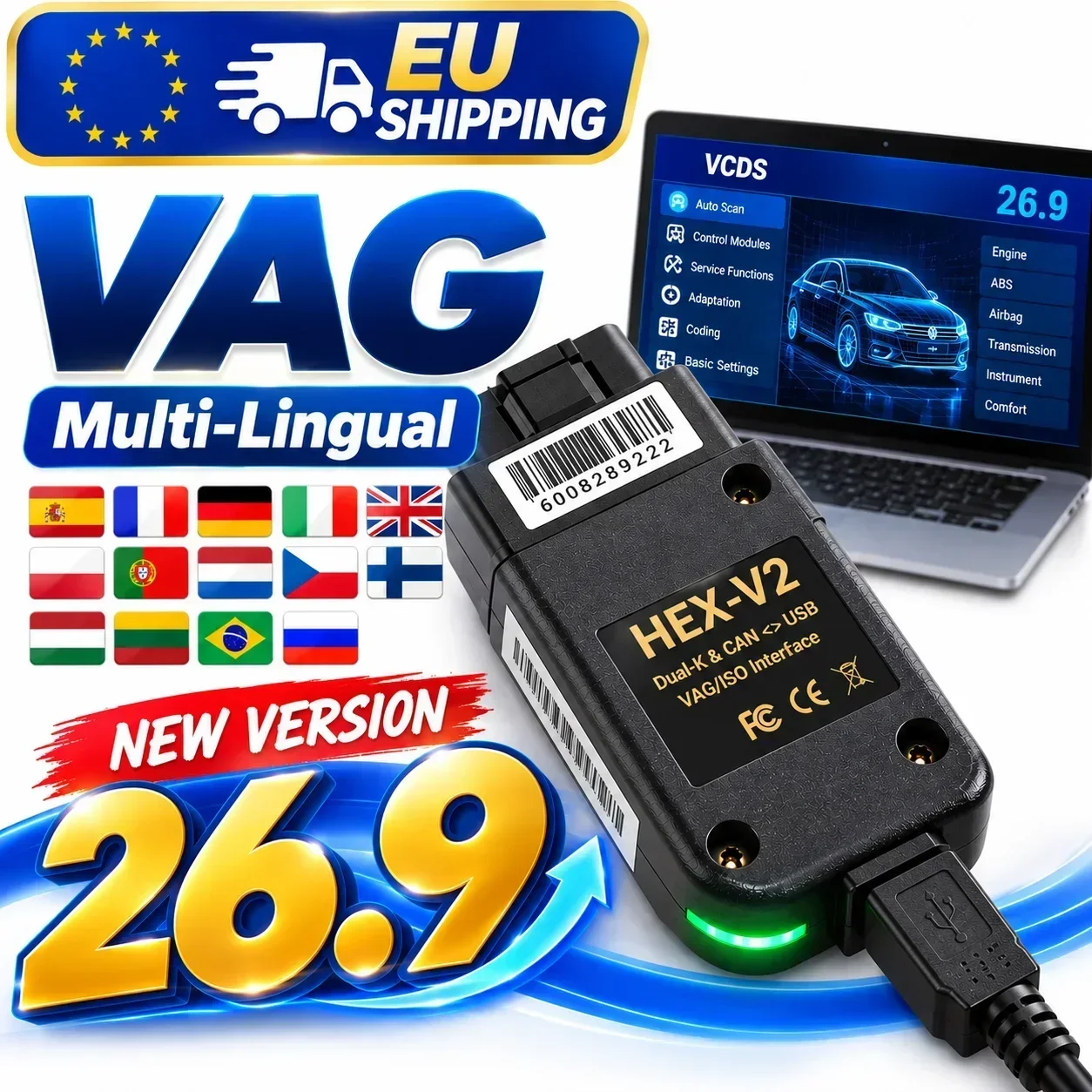 V26.9 Najnowsza wersja VCDS z nieograniczoną liczbą VIN, automatyczne kodowanie diagnostyczne VAG COM VAG HEX V2, interfejs sprzętowy do VW AUDI Skoda Seat Real V2