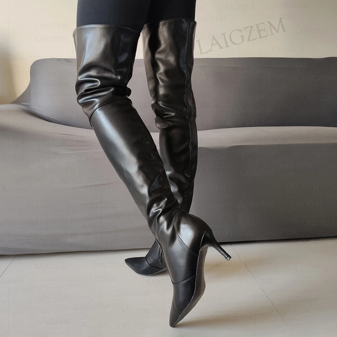 LAIGZEM Women Thigh High Boots Pointed Toe Side Zip 7.5-8CM Mid Heels Boots Over Knee Ladies Shoes Woman Plus Size 38 42 44 47