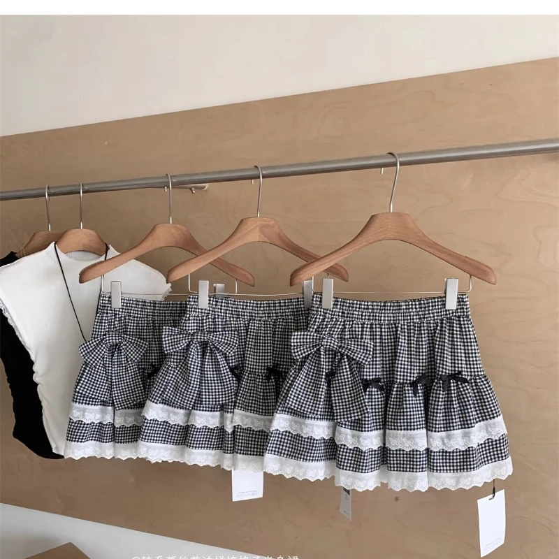 Japonais doux nœud dentelle épissage jupe à carreaux femmes été taille haute plissée couches gâteau gonflé Mini jupes Y2k Faldas