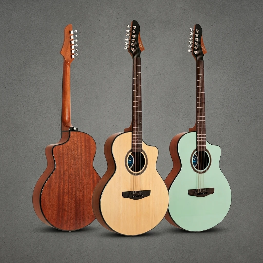 Sevillana S-P3 Folk Guitar, Thin Body Acoustic, Solid Top, Dark Back Sides, Special Head, Chrome Tuners, 6 Strings for Beginners