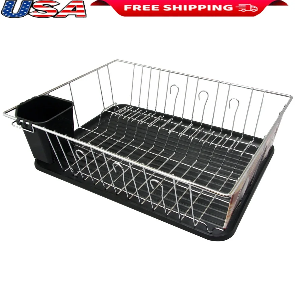 

Sturdy Chrome Plated Dish Rack with Plastic Tray and Cutlery Holder Easy Countertop Drying Kitchen Accessory