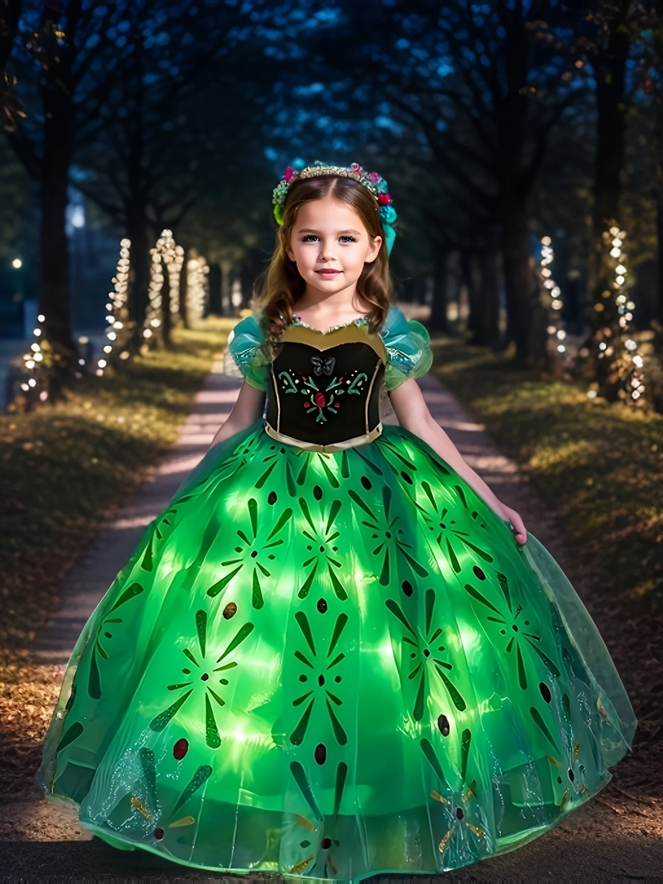 Glowing Magic Green Led Princess Dress for Girls 3-12 Years Old Suitable for Sparkling Birthday/Party Costumes, Halloween Cosplay and Holiday Gifts (Shipped from Not Included)