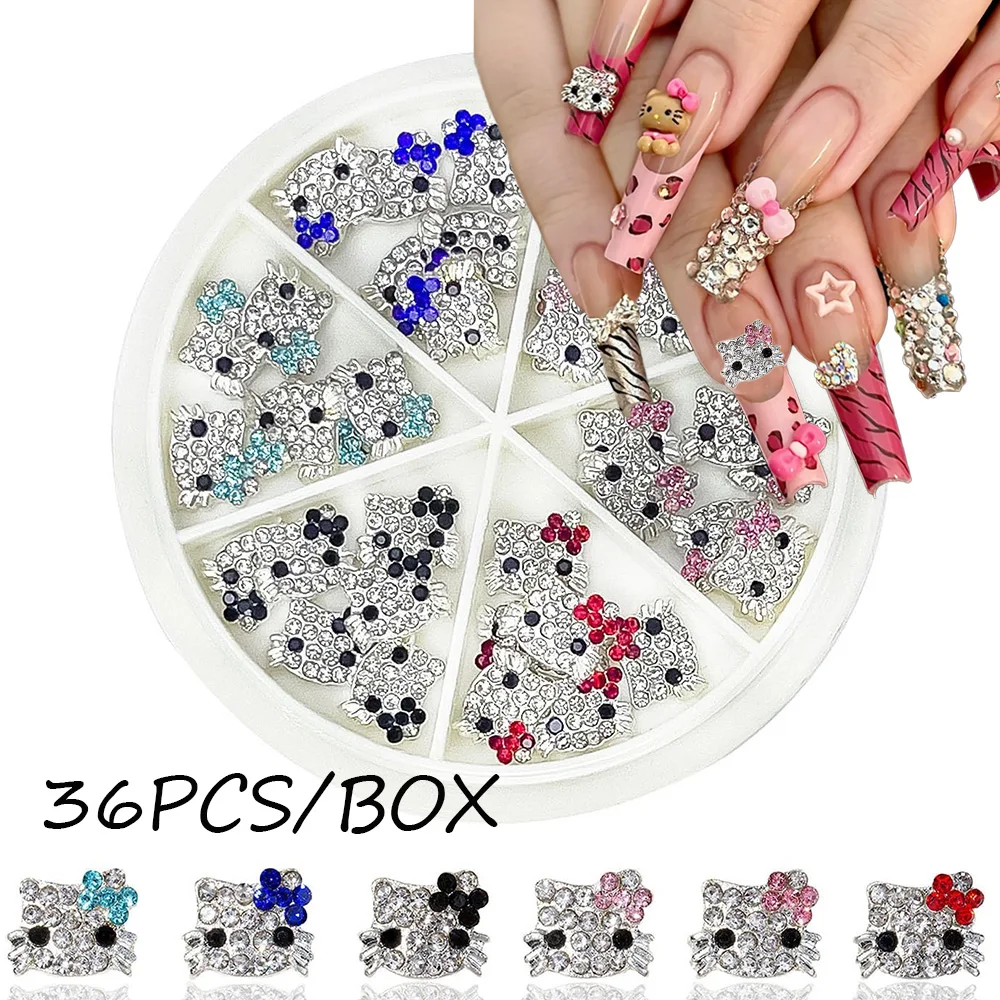 

New Pattern!!! 36/30PCS Hello Kitty Nail Accessories 3D Alloy Full Diamond Jewelry Cartoon Nail Art Rhinestone Crystal Nail Deco