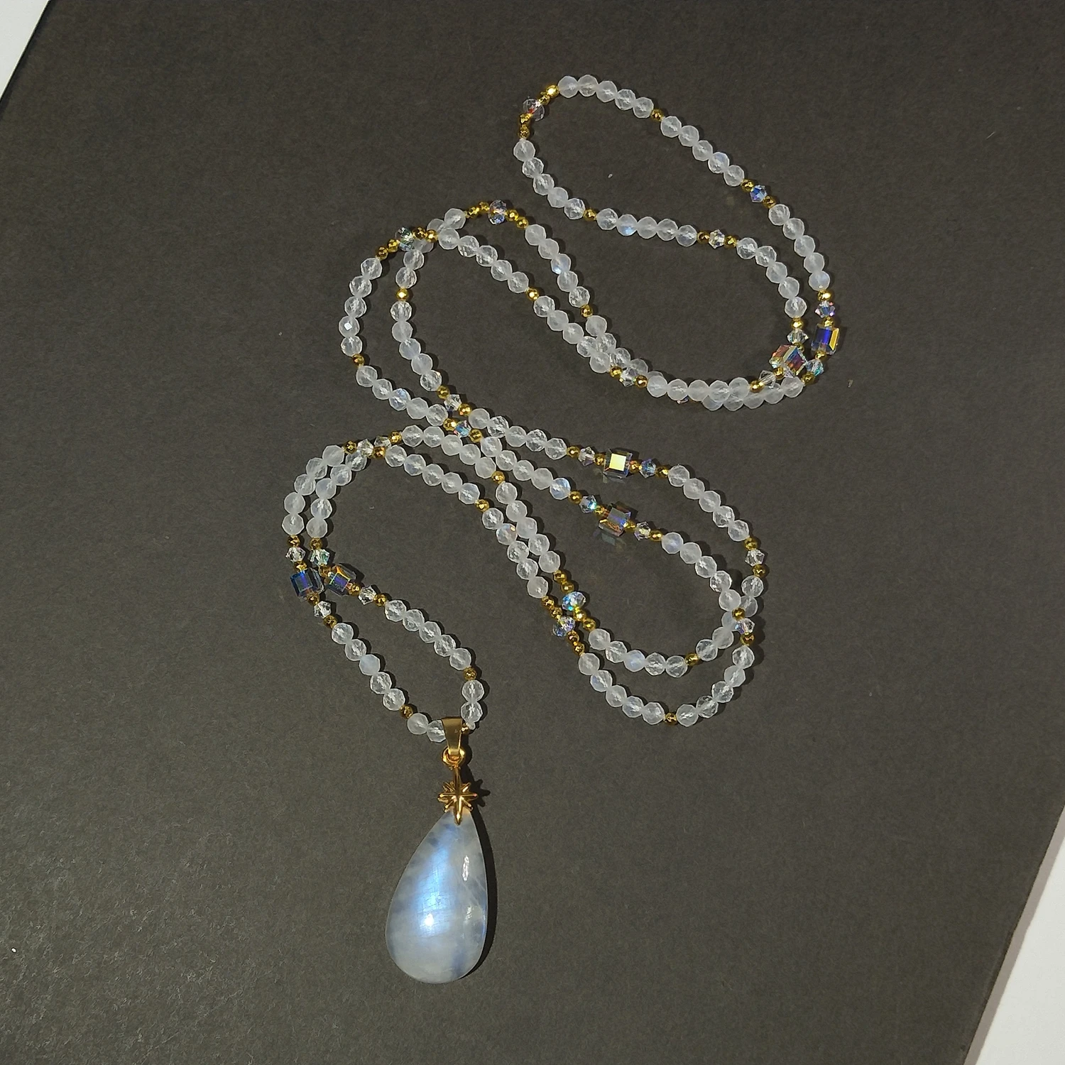 Lii Ji Natural Stone 3mm Moonstone Facted Beads With Real Moonstone Pendant Necklace 80cm Handmade Jewelry