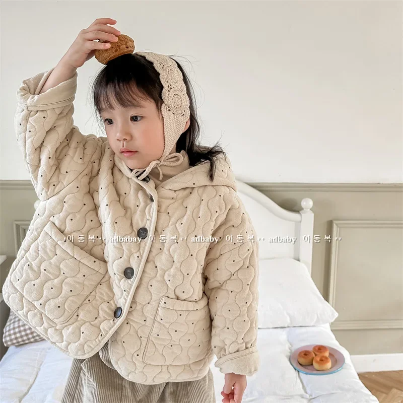 

2024 New Winter Children Thicken Warm Outerwear Hooded Polka Dot Toddlers Kids Cotton-padded Coats