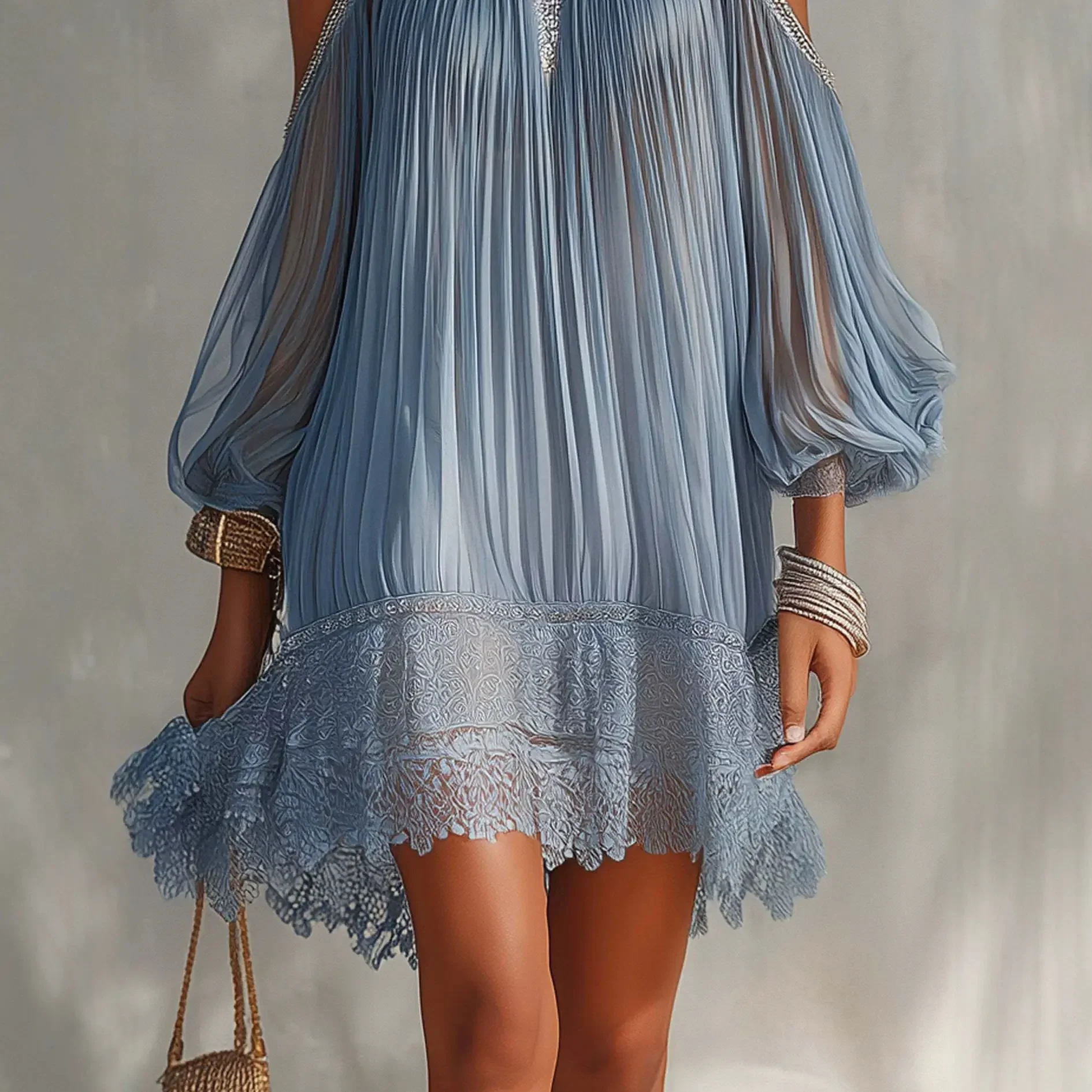 Vestido Mini Boho con Hombros Descubiertos para Mujer, Elegante Vestido Corto Halter con Mangas Abullonadas, Ribete de Encaje, Corte Recto, Chic, para Fiesta