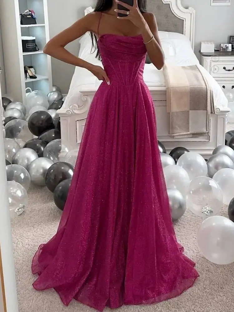 

Women Sleeveless Fashion Simple Party Dress, Summer Holiday Backless Elegant Maxi Dress, New V Neck Spaghetti Strap Ladies Dress