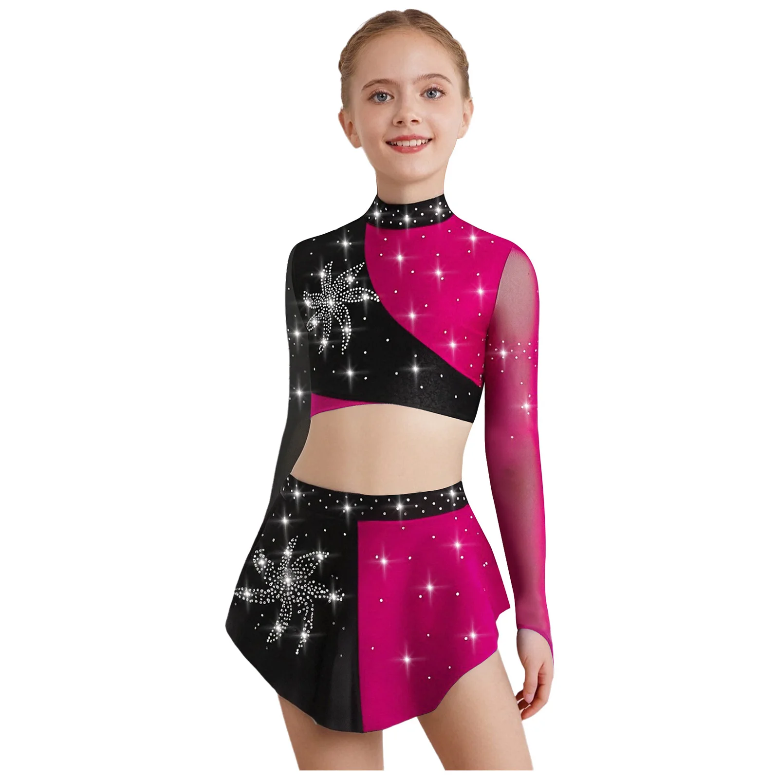 Kids Girls Lyrical Dance Outfits Long Sleeves Keyhole Back Color Block Sheer Mesh Shiny Rhinestones Crop Top with Skirt