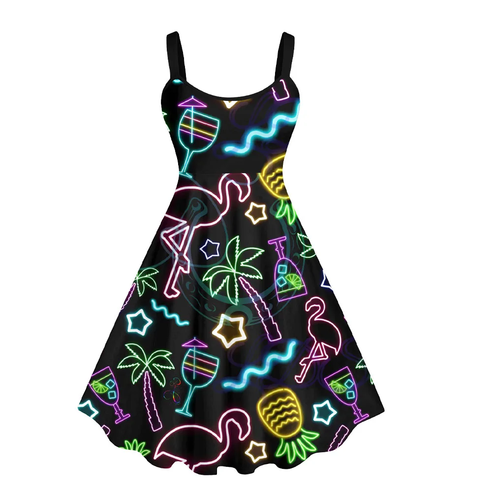 Plus size dames casual jurken neon flamingo kokosnoot boom ananas sterren sap print Hawaii A-lijn tankjurk - afbeelding 2